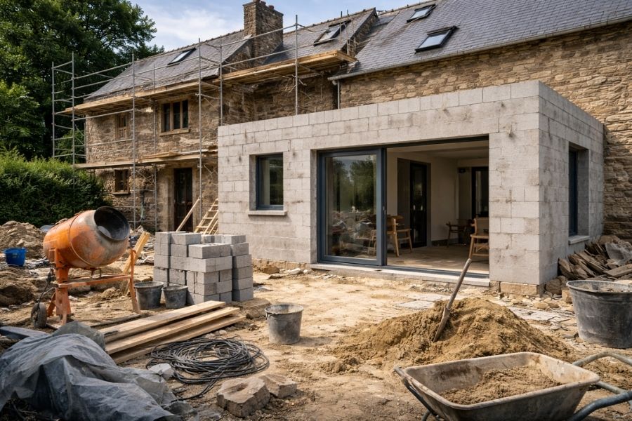 Extension de maison moderne sur une habitation ancienne en pierre