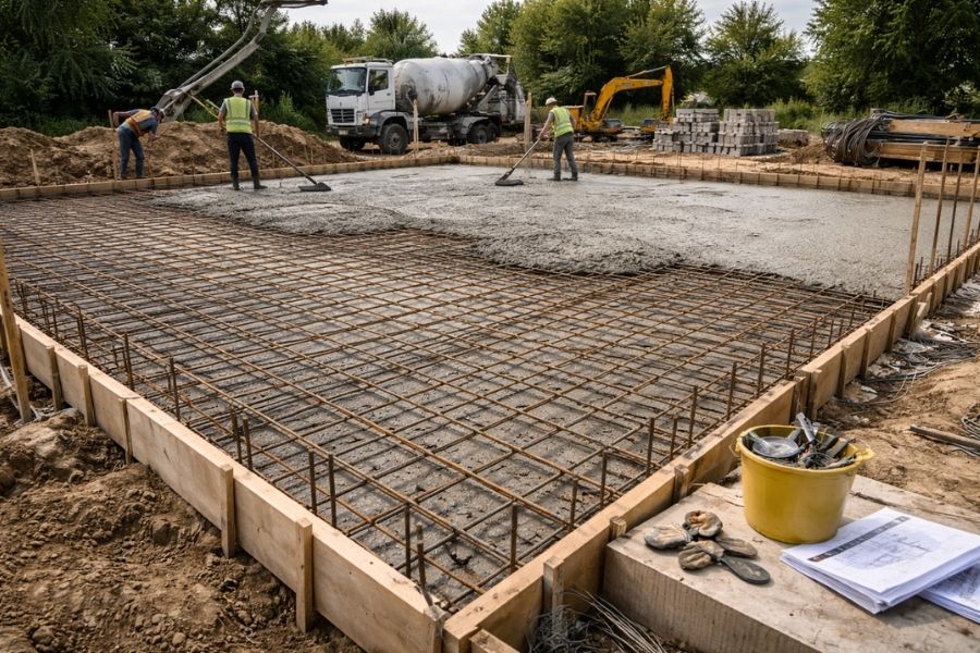 Travaux de béton armé avec ferraillage et dalle en construction